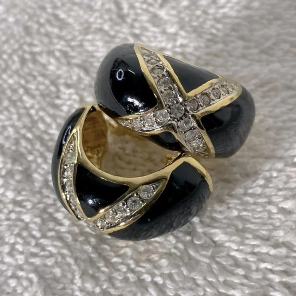 Vintage Black & Gold Tone Small Hoops W White Gems Clip On Earrings